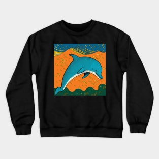 Dolphin in orange, green and teal sea Crewneck Sweatshirt